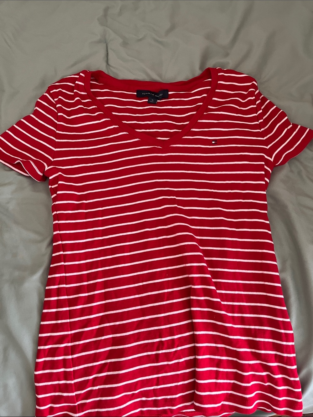 Tommy Hilfiger Red & White Striped V-Neck Short Sleeve Tee